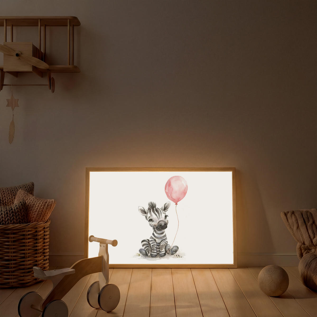 NACHTTISCHLAMPE MIT AKKU Zebra - Baby - Tiere - Rosa Luftballon 90x60 cm - Weiß, Holzwerkstoff (8/90/60cm) - OnlyWow