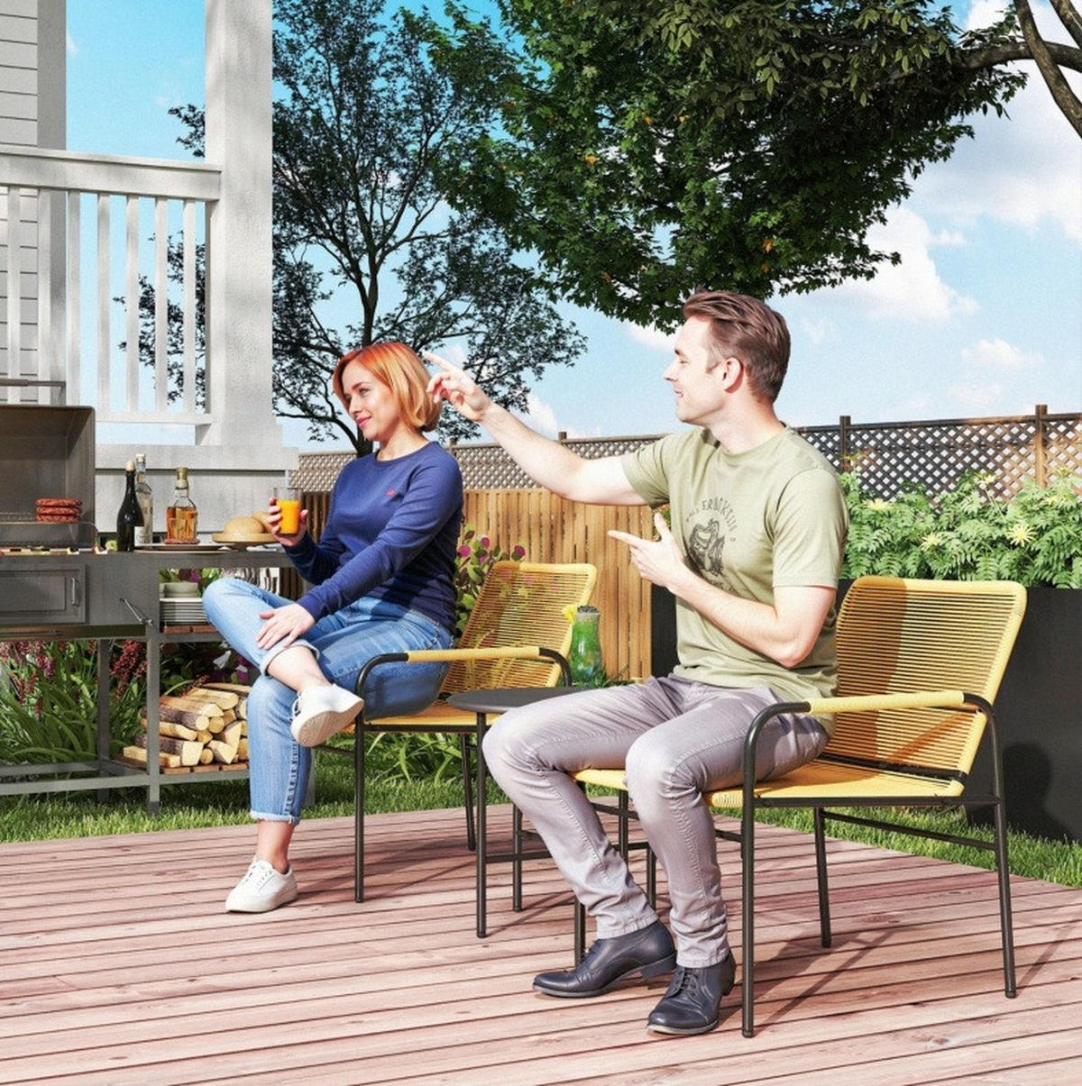 BALKONSET Bistroset 54/66/76 cm aus Stahl mit PE-Rattan und Tisch Ø50/48 cm Gelb - Gelb, Metall