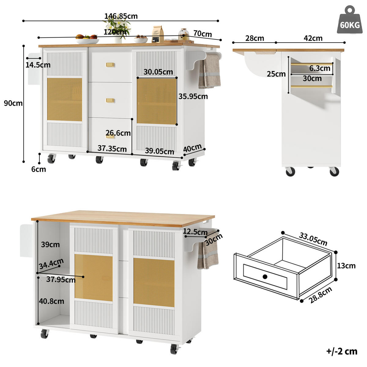 KÜCHENINSEL 146,85/90/70 cm Weiß aus MDF und Metall mit Klapptisch und Rollen - Weiß, Holzwerkstoff (70/90/146.85cm) - OKMYHOME
