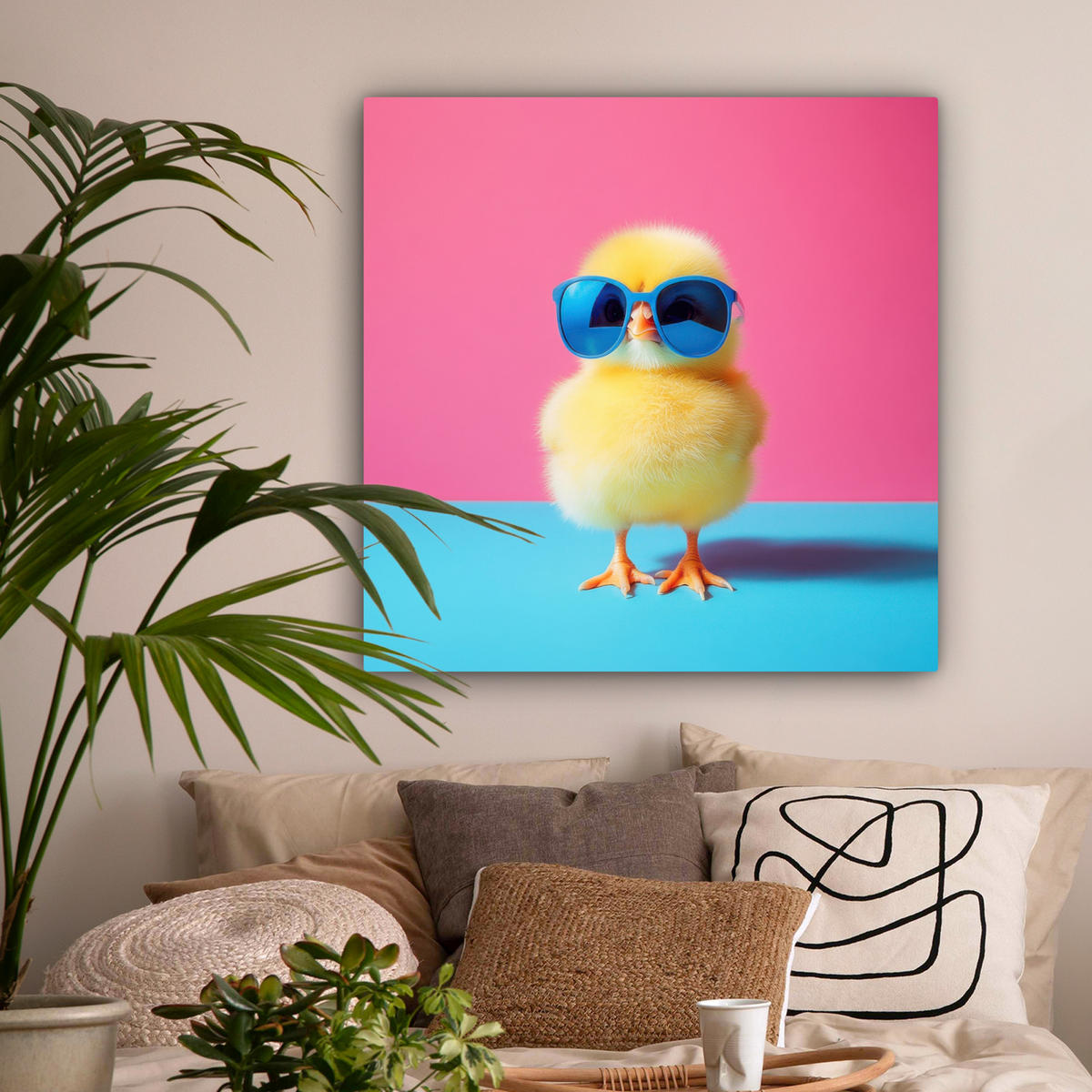 LEINWANDBILD Chick - Sonnenbrille - Blau Deko Groß 90x90 cm - Pink/Gelb, Textil (90/90cm) - MuchoWow