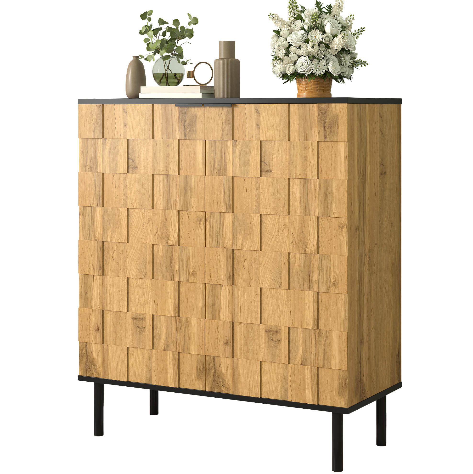 Modfu BOTNÍK z dřevotřísky 80x35x91,5 cm přírodní se 2 dvířky, nastavitelnými policemi a mozaikovým designem