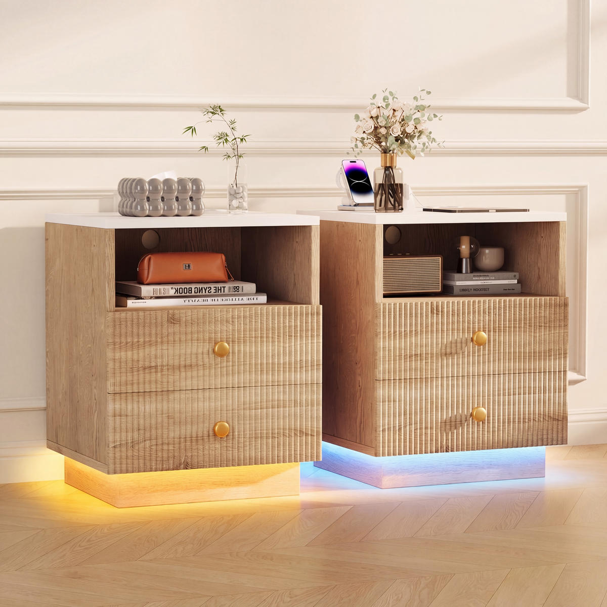 NACHTTISCH Eichenoptik mit LED-Licht & Ladefunktion (2er Set) - Eichefarben, Holzwerkstoff (38/55/44cm) - SHOPENTRA