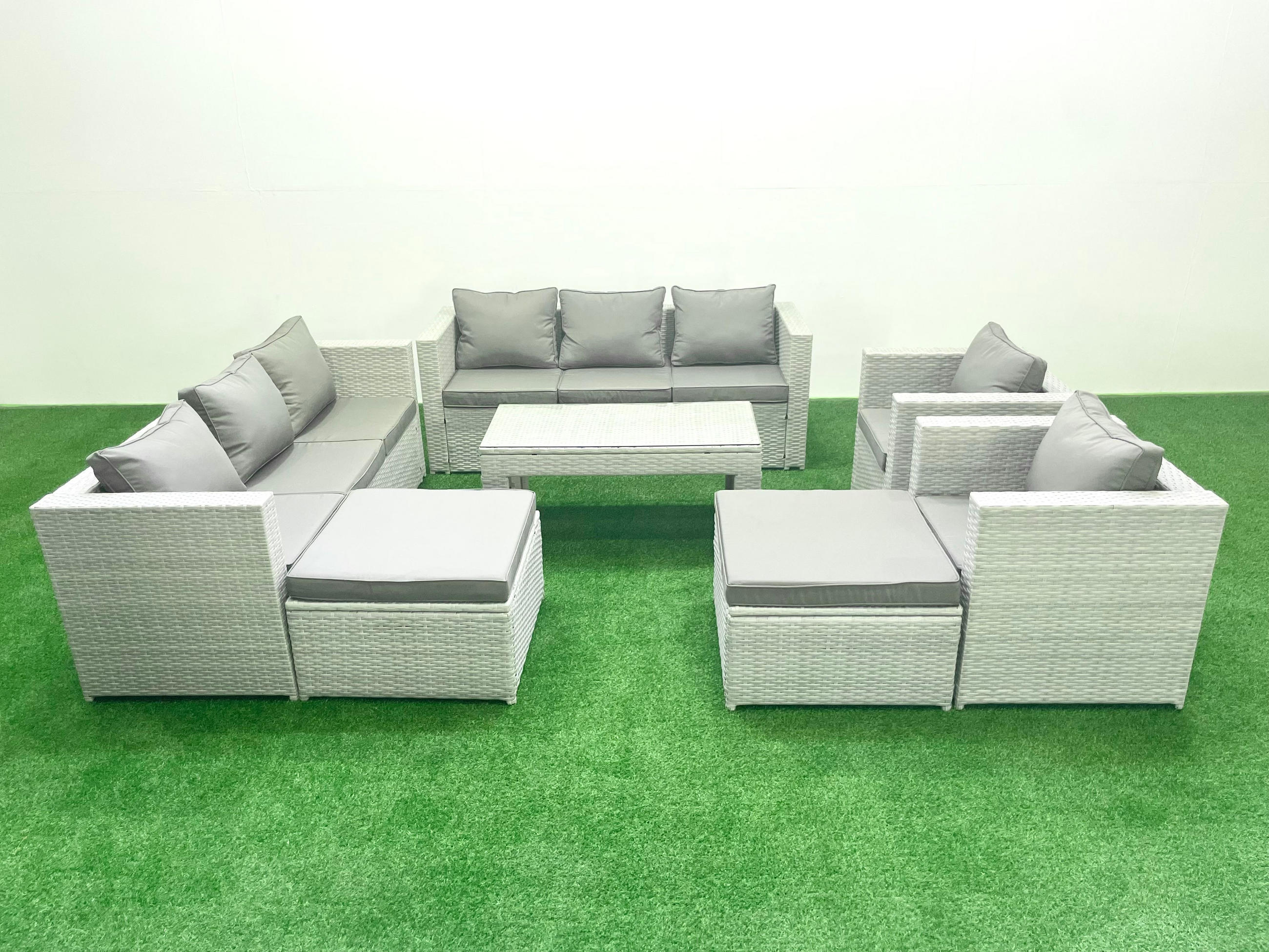 GARTENSOFA hohe Rückenlehne Polyrattan Hellgrau-Mix 10-Sitzer - Hellgrau/Grau, Glas/Kunststoff - Fimous