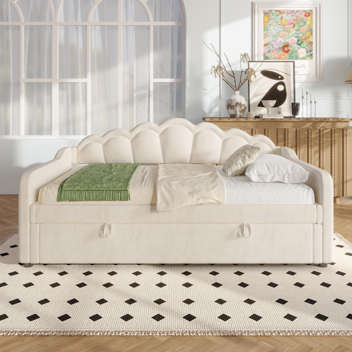 TAGESBETT 90x200cm Beige Mit LED & Stauraum - Beige, Textil (90/200cm) - FLIEKS