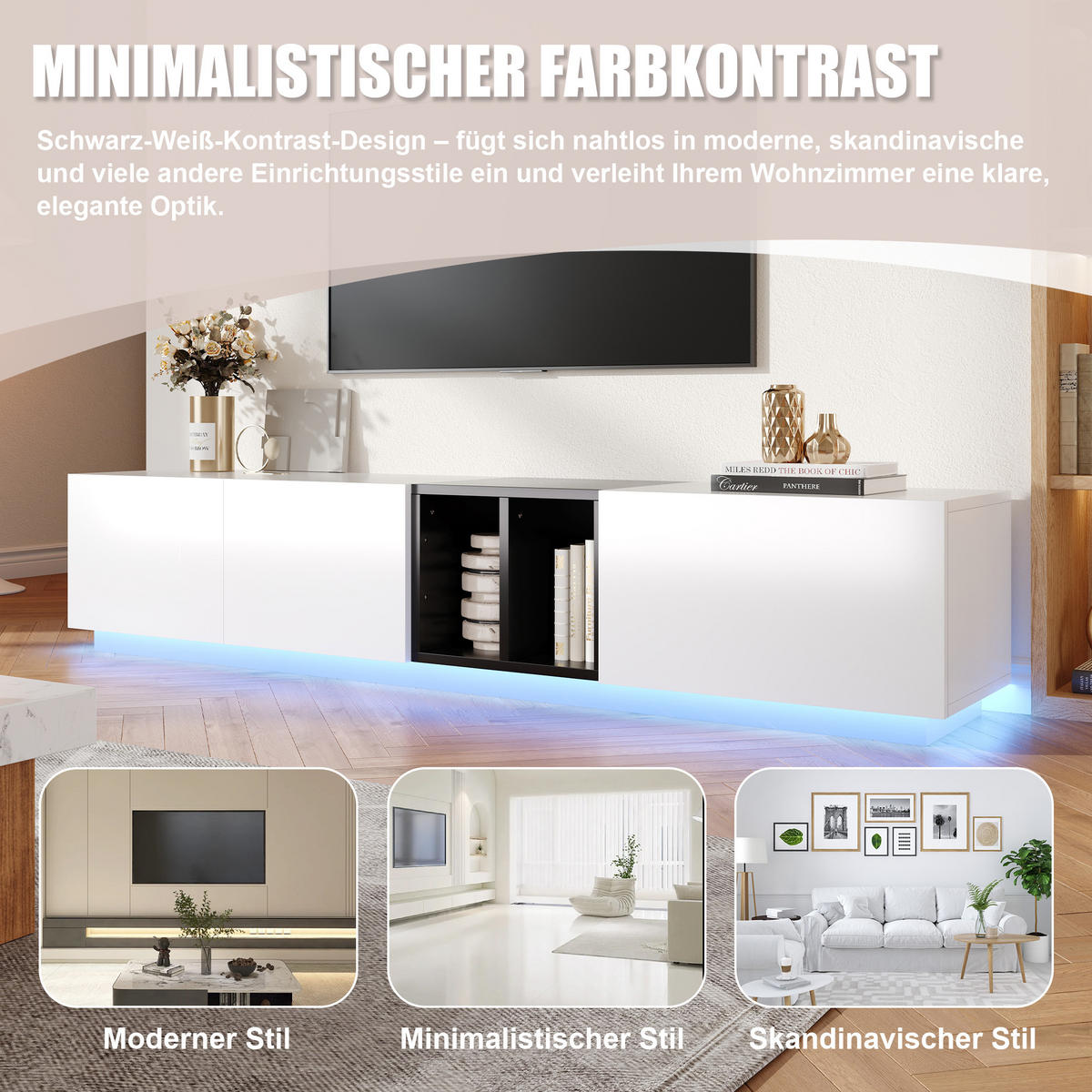 LOWBOARD in Weiß TV-Schrank modern, schlicht, Schubladen + offene Fächer, robust, Wohnzimmer, B120/T40/H50cm - Weiß, Holzwerkstoff/Metall (190/35/40cm) - STILVORA