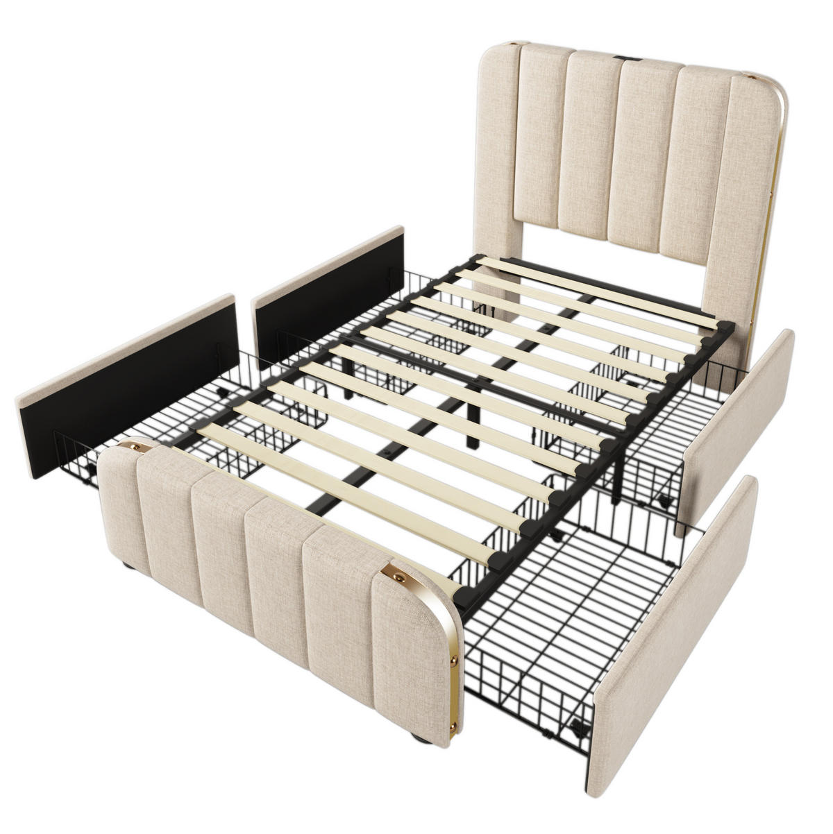 POLSTERBETT mit 4 Schubladen und USB/Typ-C 90x200 cm Beige Leinen - Beige, Metall (90/200cm) - Meubliv