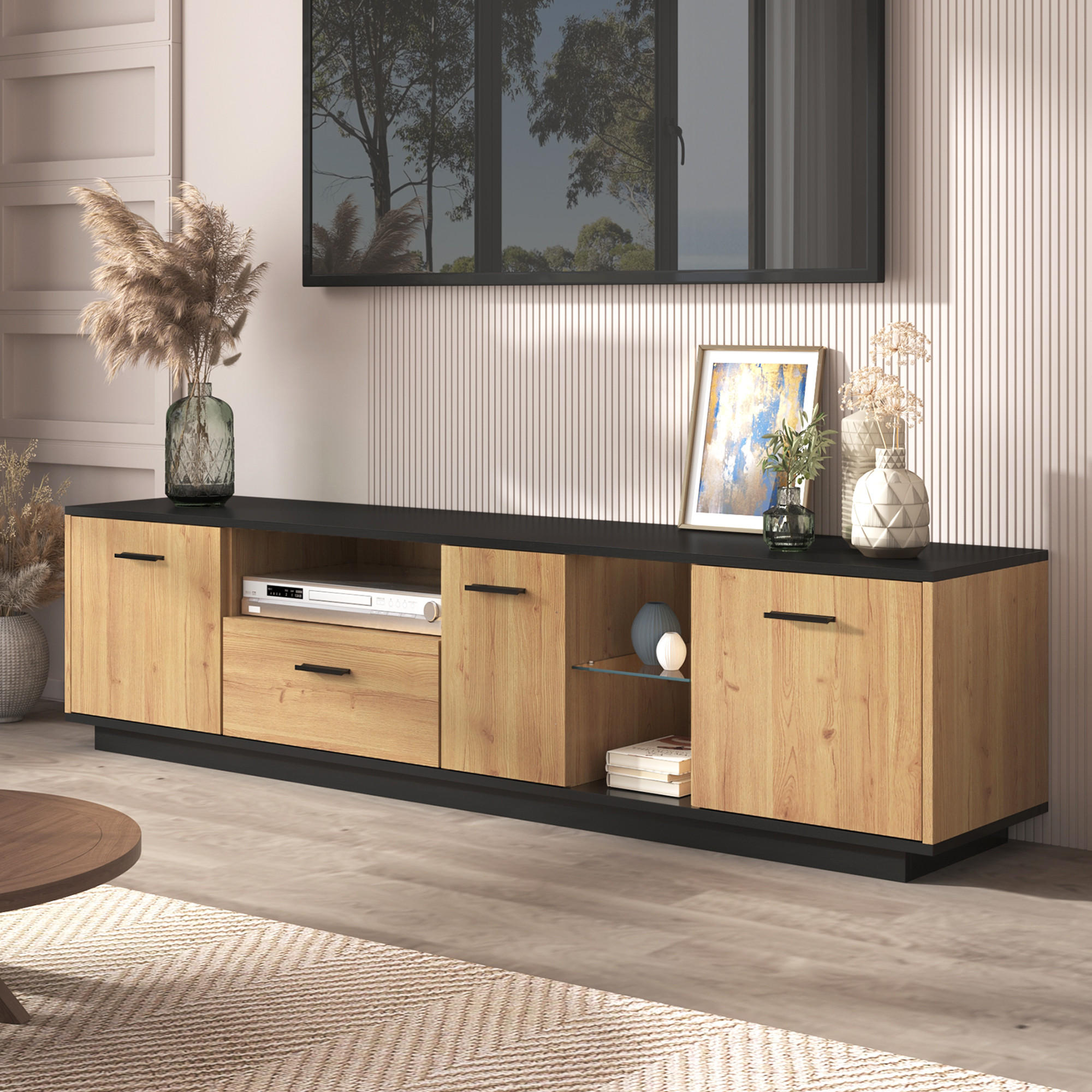 TV-LOWBOARD 3 Türen LED Glasfächer - Schwarz, Holz (180/45/37cm) - Fortuna Lai