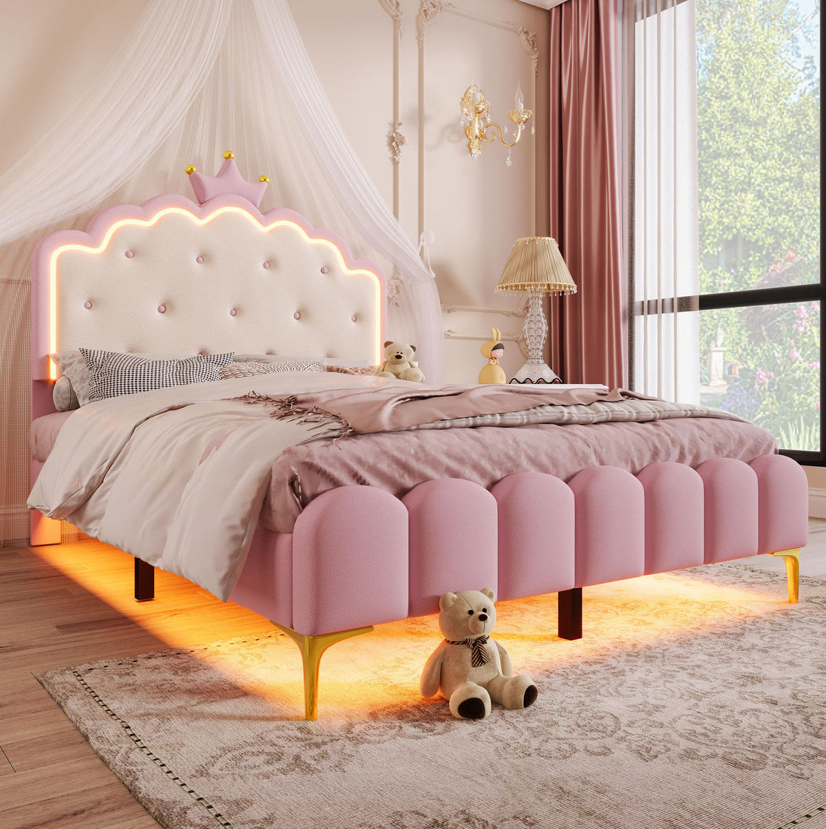 POLSTERBETT 140x200 cm PU Rosa mit Lattenrost und LED - Pink, Holz (140/200cm) - Meubliv
