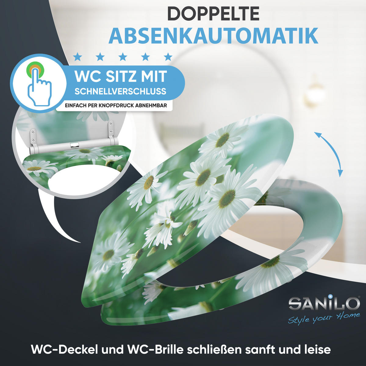 WC-SITZ mit Absenkautomatik & Top Fix Margeriten - Grün, Holzwerkstoff (37.7/5.5/48cm) - Sanilo