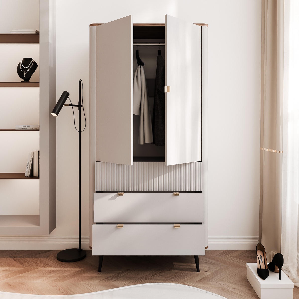 KLEIDERSCHRANK mit Schubladen NAVANI 90 cm Kaschmir Nuss - Kaschmir/Schwarz, Holzwerkstoff/Metall (90/191/60cm) - Idohome