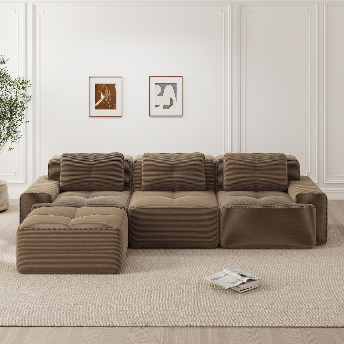 SOFA modular mit Ottoman Cord Brown 4-tlg. - Braun, Kunststoff (177/293cm) - Meubliv