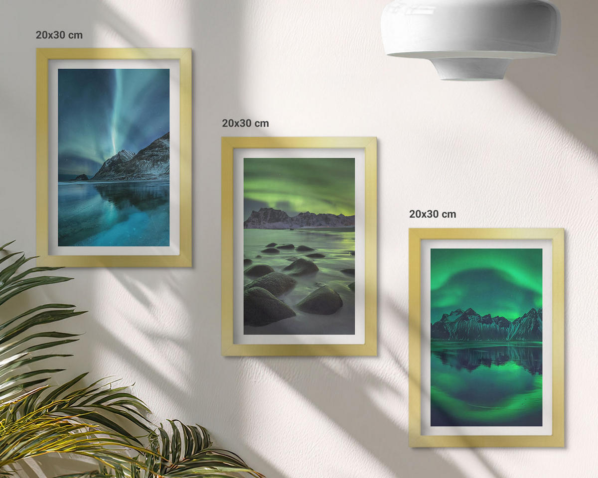 BILDER SET 3er Set - 20x30 cm Goldrahmen - Winterlandschaft der Aurora borealis - Goldfarben, Kunststoff (20/30cm) - TULUP