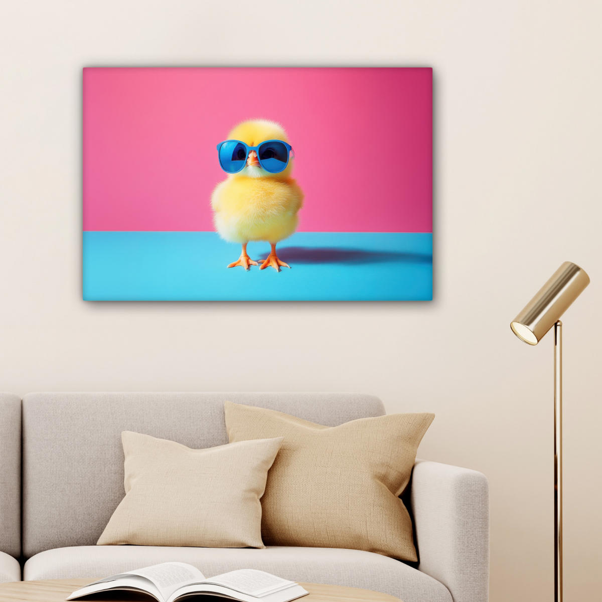 LEINWANDBILD Chick - Sonnenbrille - Blau Gemälde 60x40 cm - Pink/Gelb, Textil (60/40cm) - MuchoWow