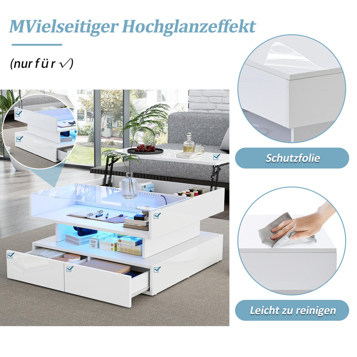 COUCHTISCH 80x80x45 cm Weiß LED 2 Schubladen Stauraum Glas - Weiß, Holzwerkstoff (80/80/45cm)