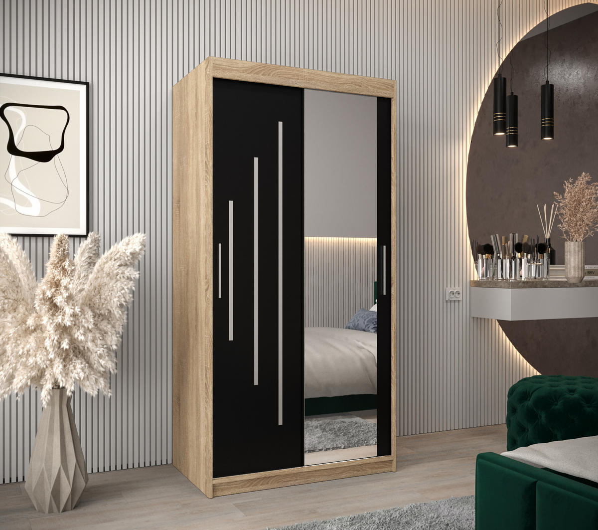 SCHWEBETÜRENSCHRANK 200/100/62 2-türig - Silberfarben/Schwarz, Holz/Kunststoff (100/200/62cm) - Abiks Möbel