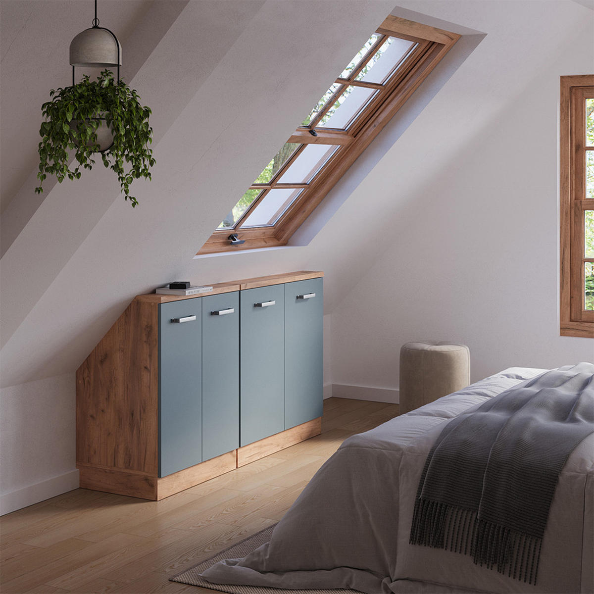 KUCHYŇSKÁ SKŘÍŇKA POD ŠIKMOU STŘECHU R-Line Modrošedý/zlatý dub - medově dubová/šedohnědá, kompozitní dřevo (140/81.6/46cm) - Vicco