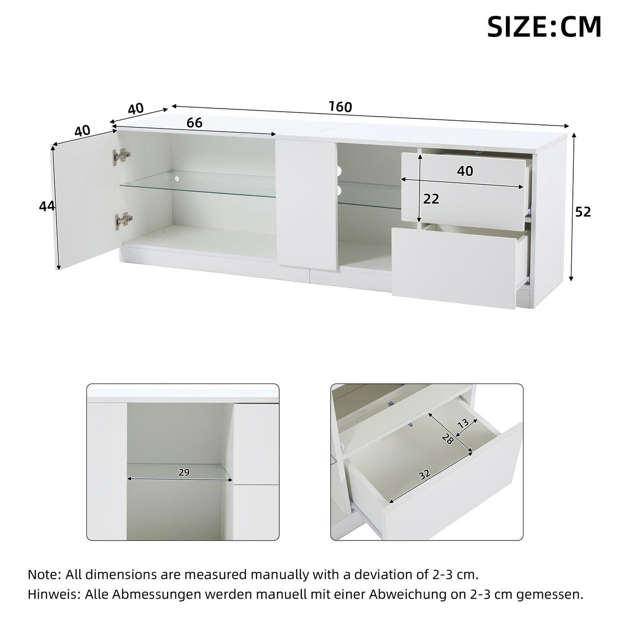 TV-ELEMENT in Weiß TV-Ständer mit LED für 65" Fernseher, geeignet für Wohnzimmer und Schlafzimmer, B160/T40/H52cm - Weiß, Glas/Holzwerkstoff (160/52/40cm) - STILVORA