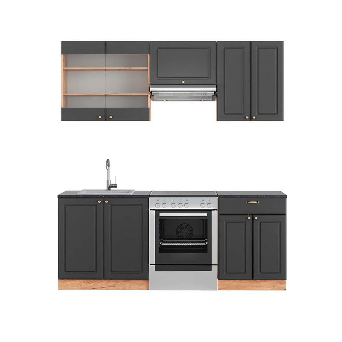 KÜCHENZEILE Fame-Line Anthrazit Landhaus/Goldkraft Eiche 200 cm AP Anthrazit - Honigeiche/Dunkelgrau, Holzwerkstoff (200/81.6/60cm) - Vicco