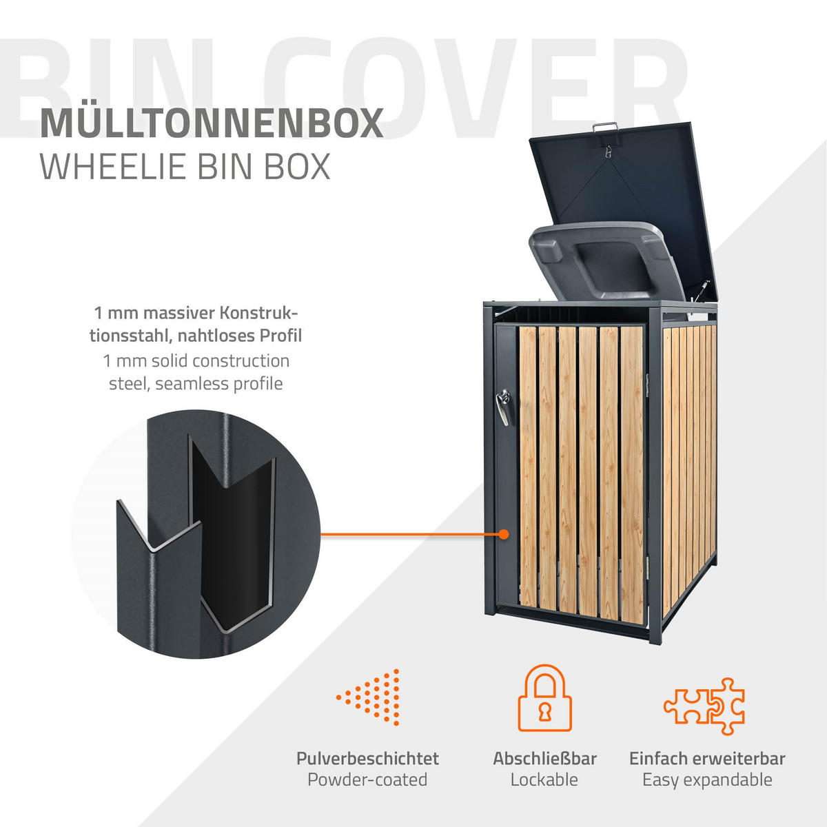 MÜLLTONNENBOX 1er Anthrazit-Lärchenoptik - Naturfarben, Metall (80/116.3/68cm) - ML-DESIGN