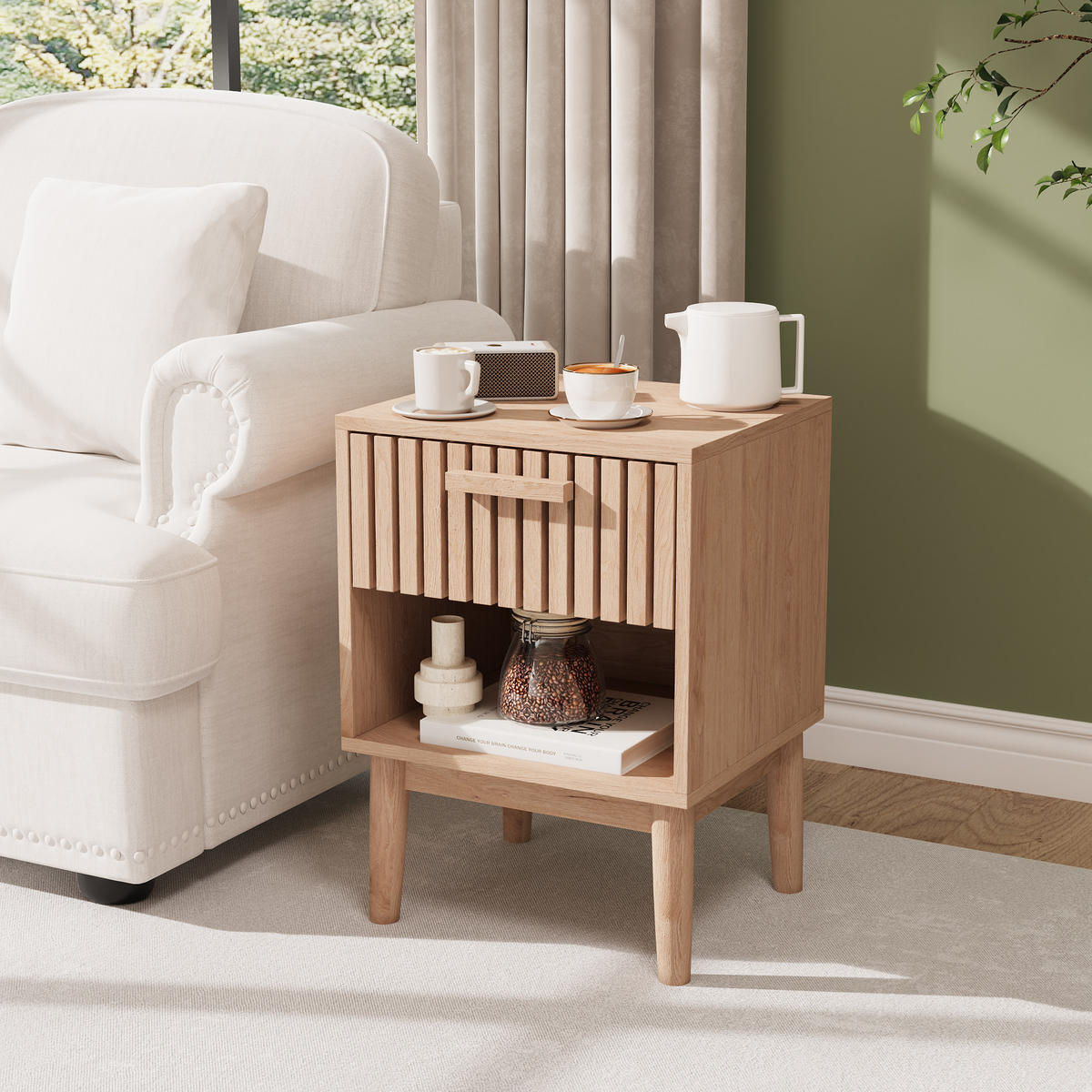 NACHTTISCH 2er Set Holzoptik Schubladen Ablage 40x35x55 cm - Naturfarben, Holz (35/55/40cm) - LEBENLANG