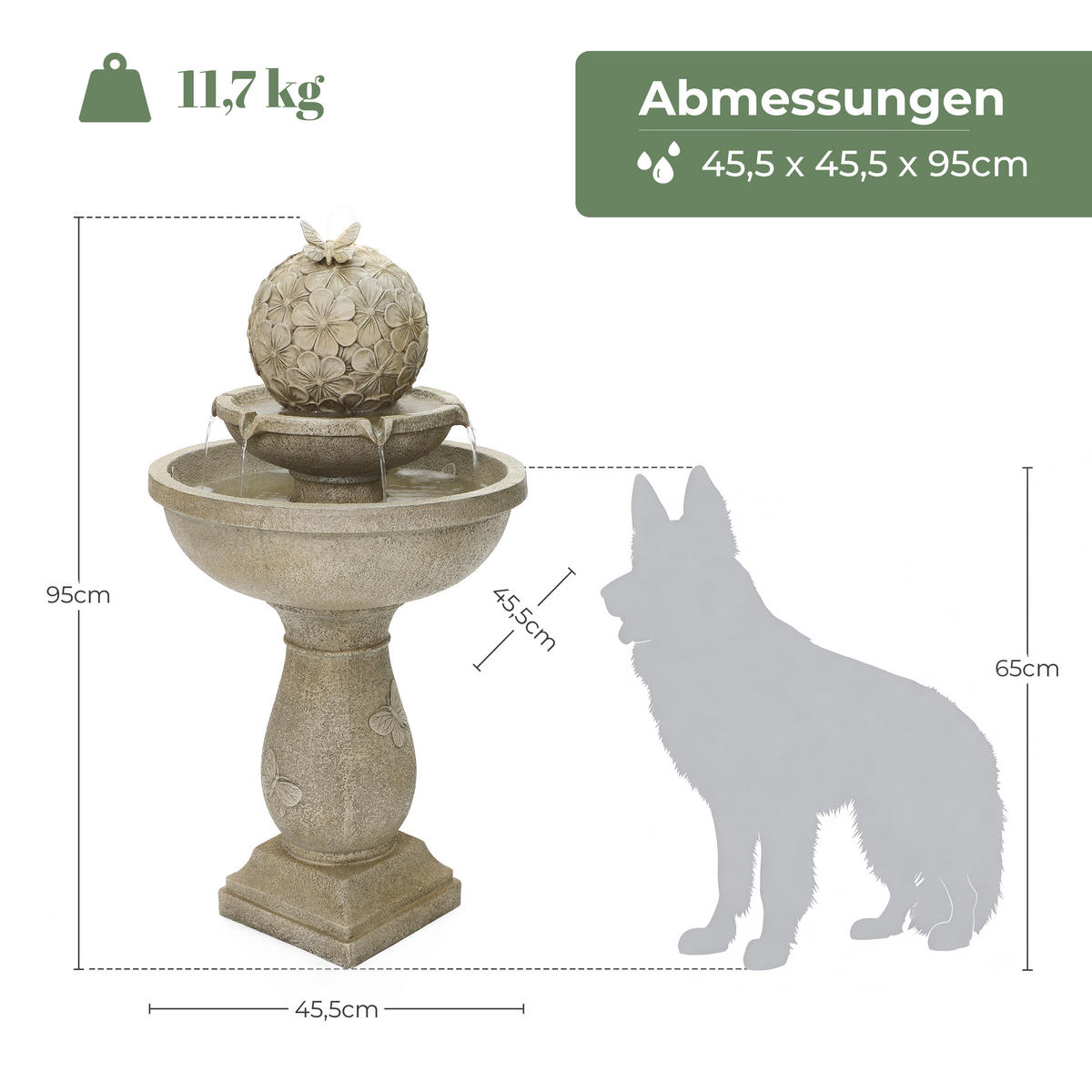 2-STUF. Polyresin-Gartenbrunnen, Vogeltränke+Schmetterling auf Kugel, 95cm, Garten/Balkon/Terrasse - Grau, Kunststoff (45/45/95cm)