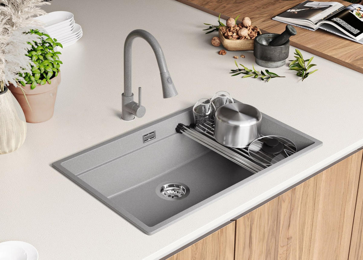 GRANITSPÜLE Praga Slim, 2-er set Grau 76/47 cm 1 Becken + Küchenarmatur 32/20 cm + Ablauf-Set + Aufrollbare Abtropffläche ab 80er Unterschrank - Chromfarben/Grau, Kunststoff (76/20/47cm) - Primagran