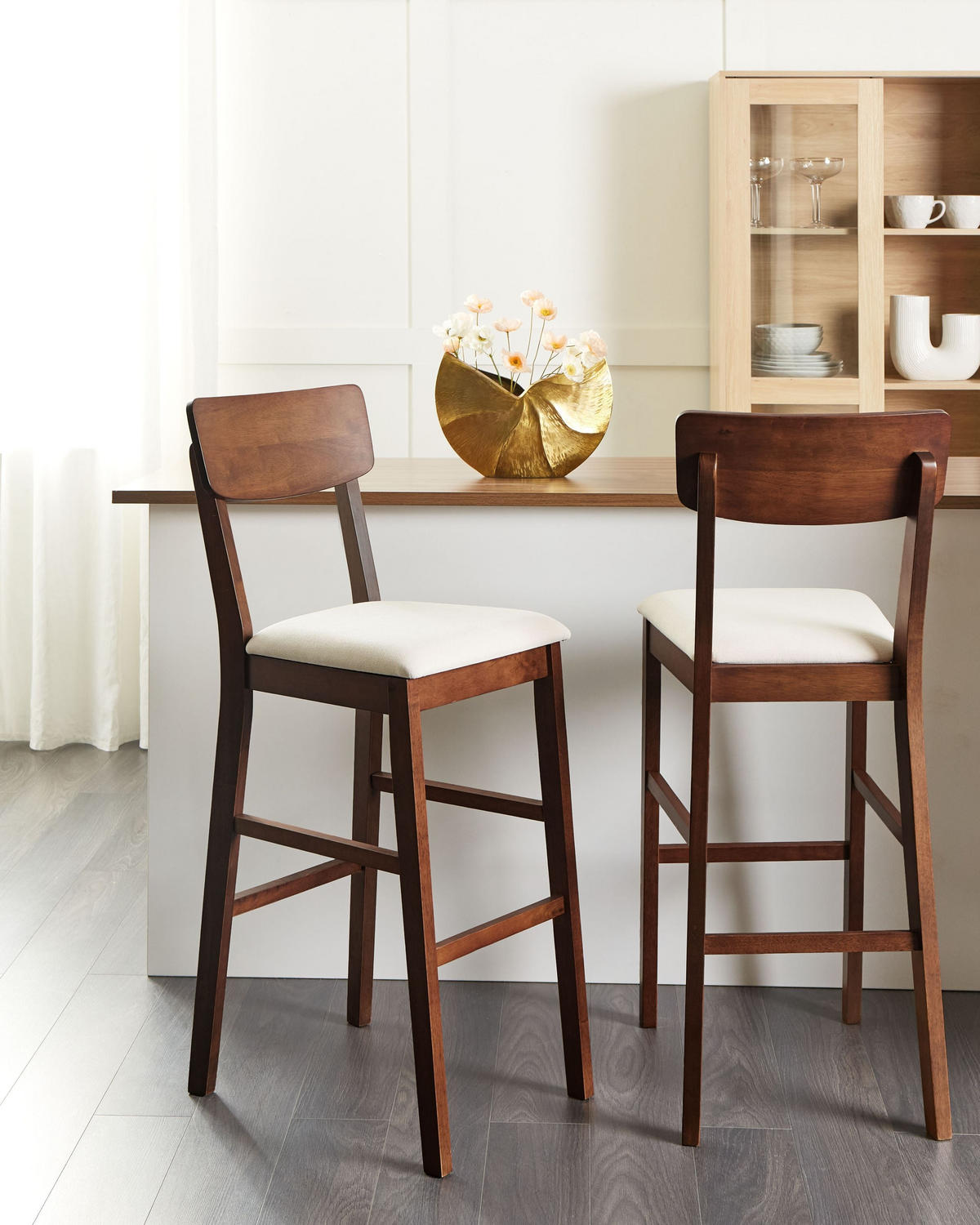 BARSTUHL 2er-Set Dunkelbraun/Beige Ambler - Beige, Holz (44/113/53cm) - Beliani