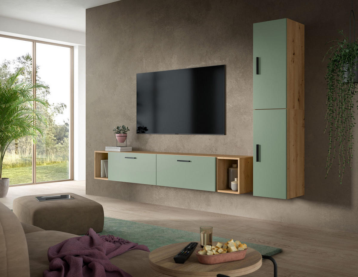 WOHNKOMBINATION THE ONE (B/H/T: ca. 259/182/34 cm) in Artisan Oak Nachbildung/Smoke Green - Eiche Artisan, Holzwerkstoff (259/182/34cm)