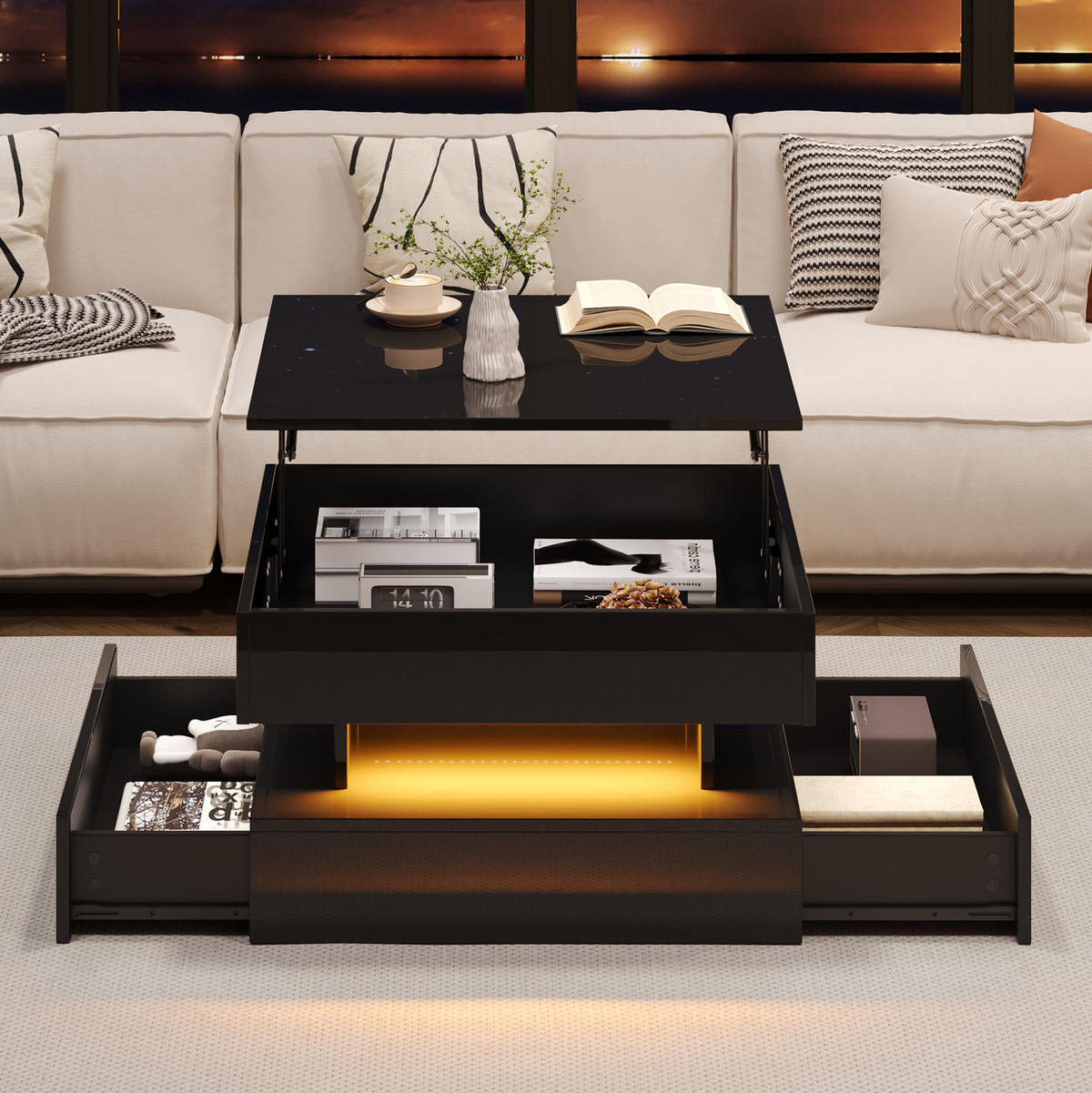 COUCHTISCH 65/65/38,5 cm in Schwarz, höhenverstellbar mit LED-Beleuchtung - Schwarz, Holzwerkstoff (65/65/38.5cm) - Flora Grace