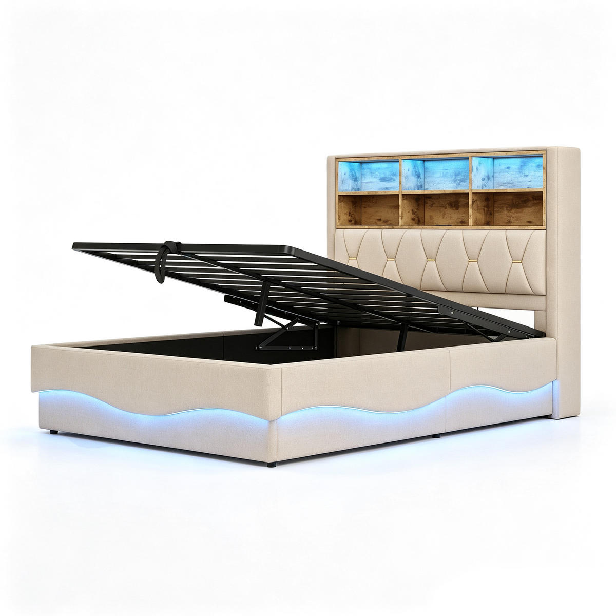 STAURAUMBETT 140/200 cm mit APP-LED, USB und Hydraulik, DE-02053, in Beige - Beige, Metall (140/200cm) - ComfortXL