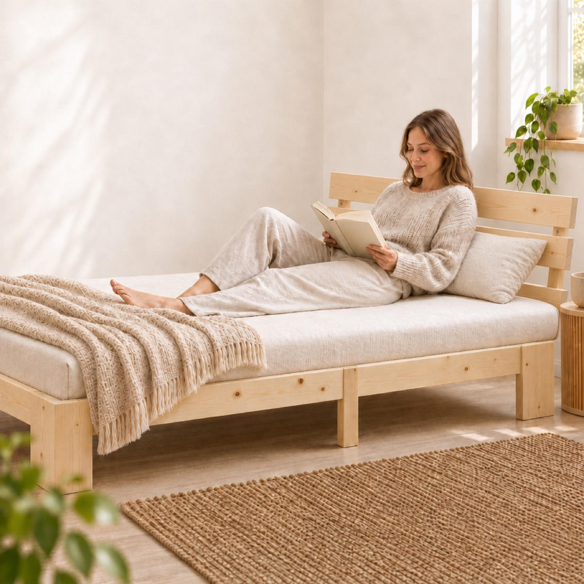 POSTEĽ Prírodná masívne drevo s roštom 120x200 cm - svetlohnedá, drevo - Relaxdays