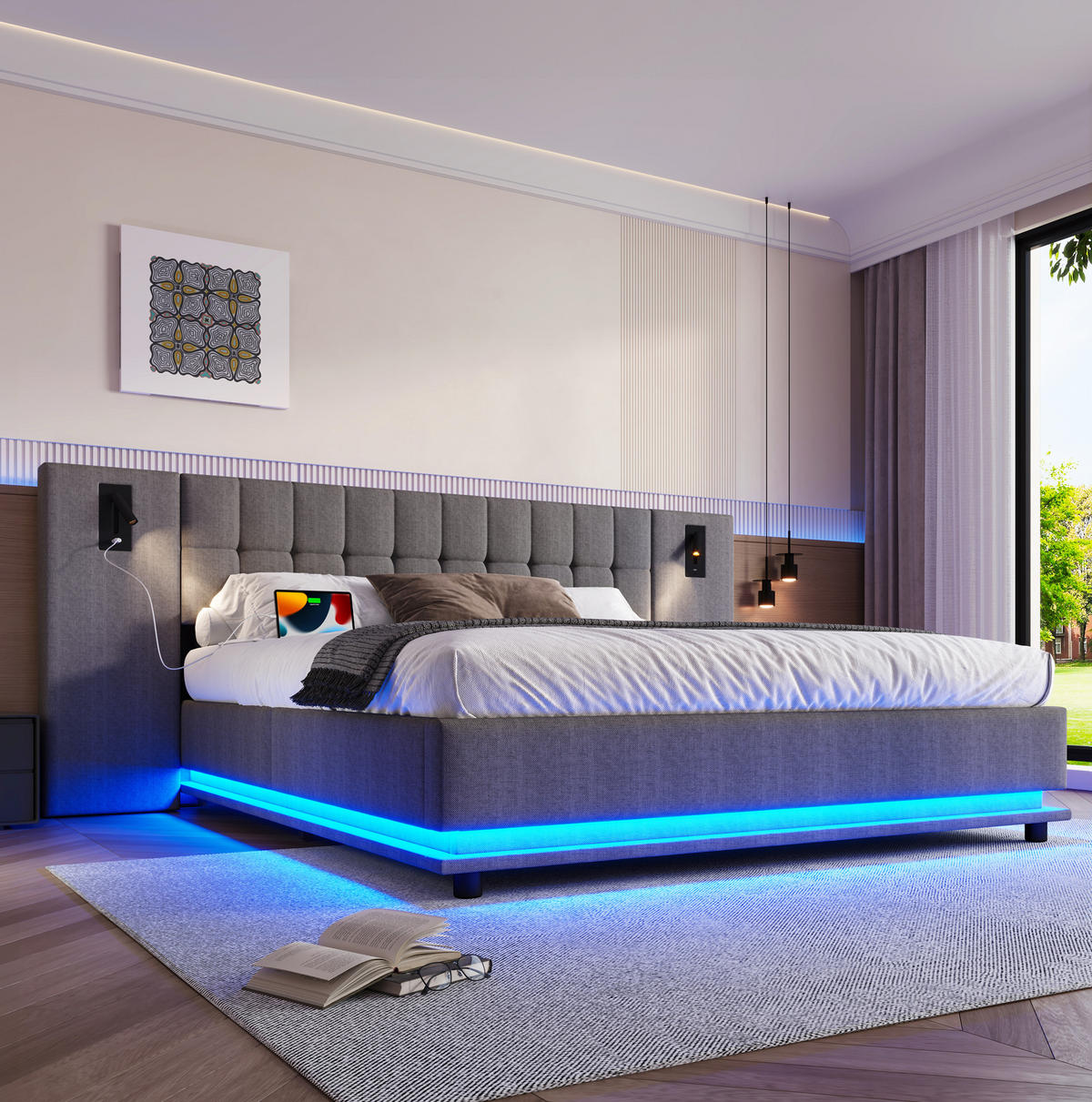POLSTERBETT aus Leinen und MDF 180x200 cm Grau mit LED-Leiste, Lesespot und USB-Anschluss - Grau, Textil (180/200cm) - IVMEU