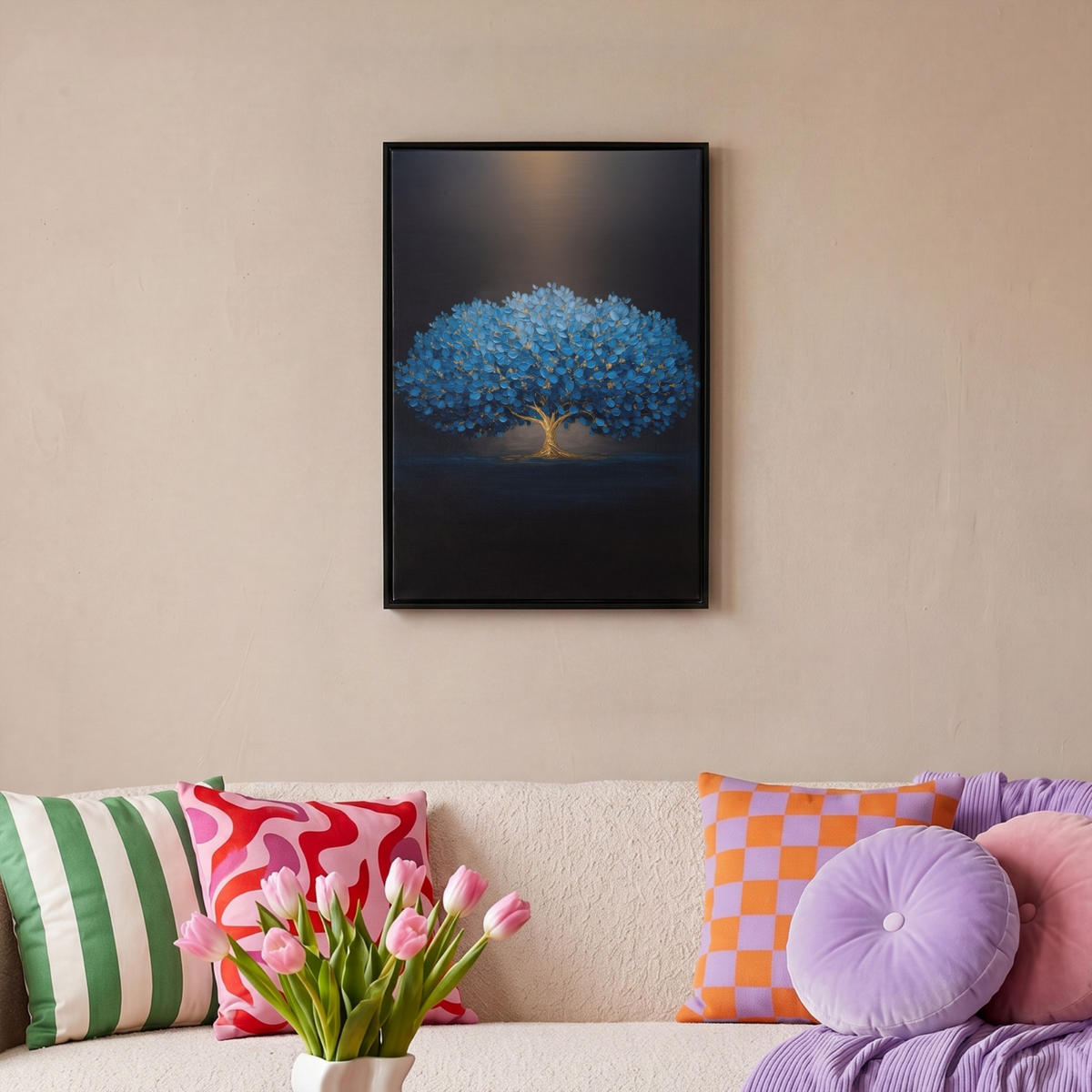 LEINWAND Bilder mit Rahmen - Baum - Blau - Blätter - Pinselstriche - 40x60 - Blau, Textil (40/60cm) - MuchoWow
