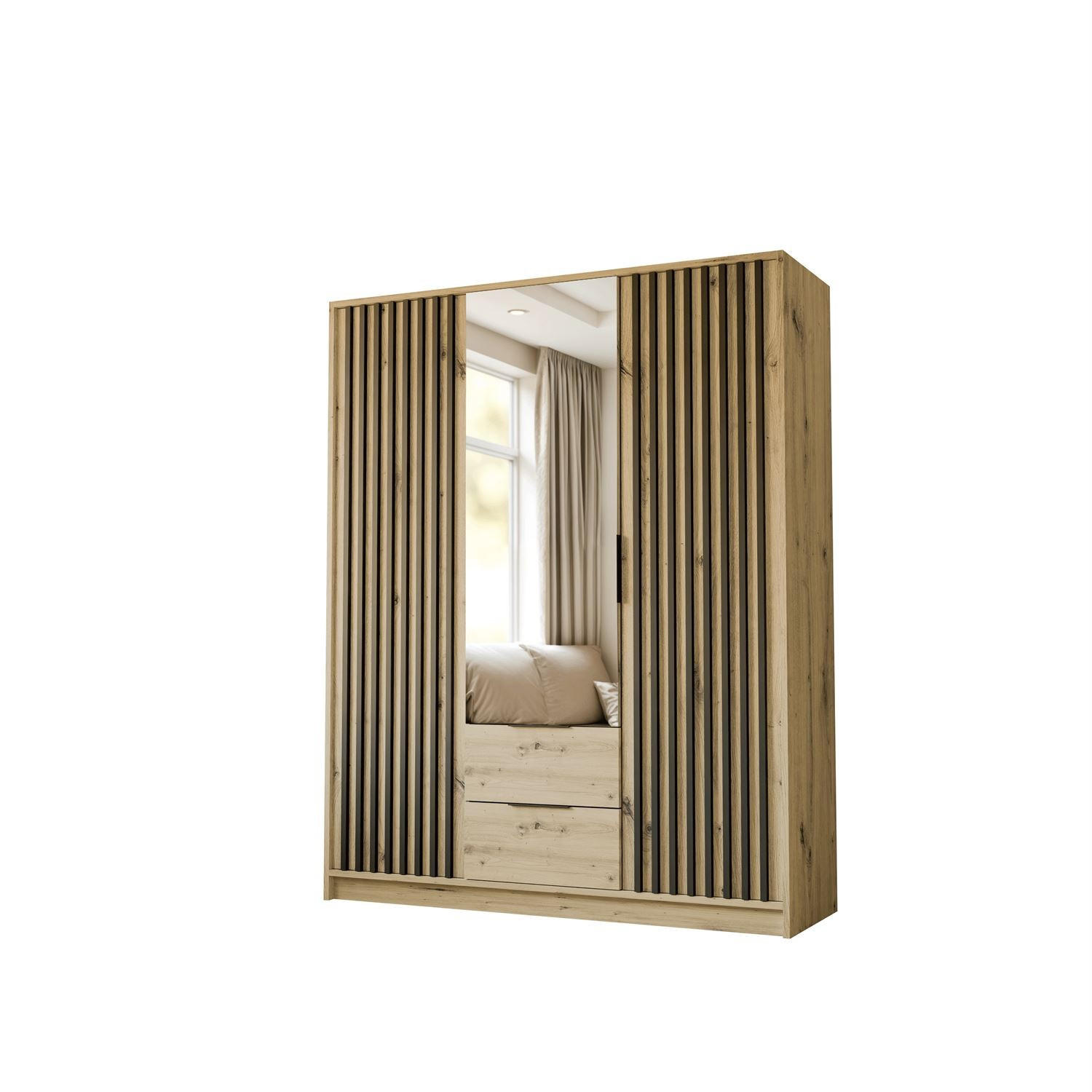 KLEIDERSCHRANK NELA, dreitürig mit Lamellen und Spiegel, 155 cm, Artisan/Schwarz - Eiche Artisan, Holzwerkstoff (155/200/51cm) - Lookway