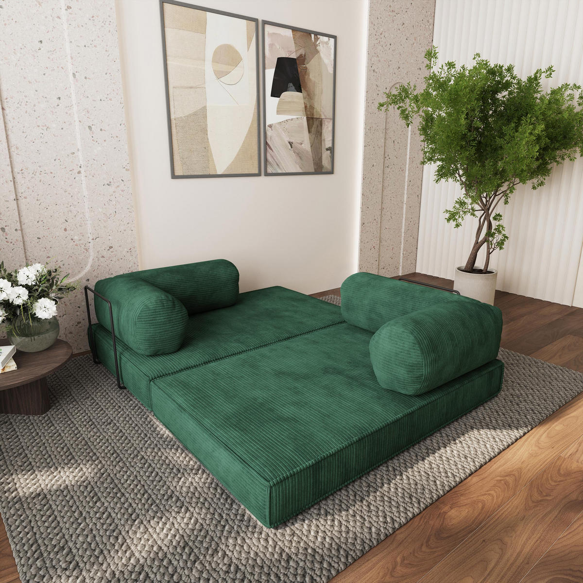 ECKSOFA ETERA modulares Boneless Sofa mit Schlaffunktion Grün Cordstoff - Grün, Textil (270/160cm) - MASSENO