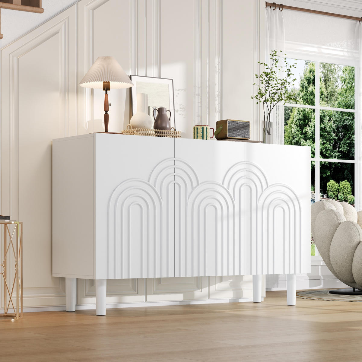 SIDEBOARD 120 cm in Weiß Kommode mit 3 Designtüren & verstellbaren Fächern - Weiß, Holzwerkstoff (120/79/38.5cm) - Urban Meuble