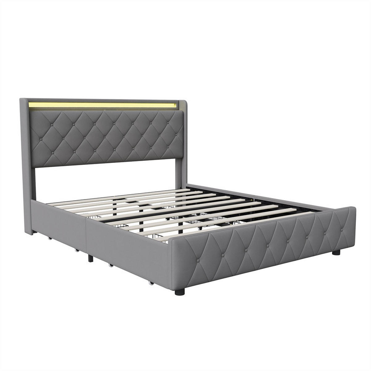 POLSTERBETT 160x200 cm mit 4 Schubladen & LED-Beleuchtung - USB-Anschlüsse - ohne Matratze - Grau - Grau, Textil (160/200cm) - DELFA
