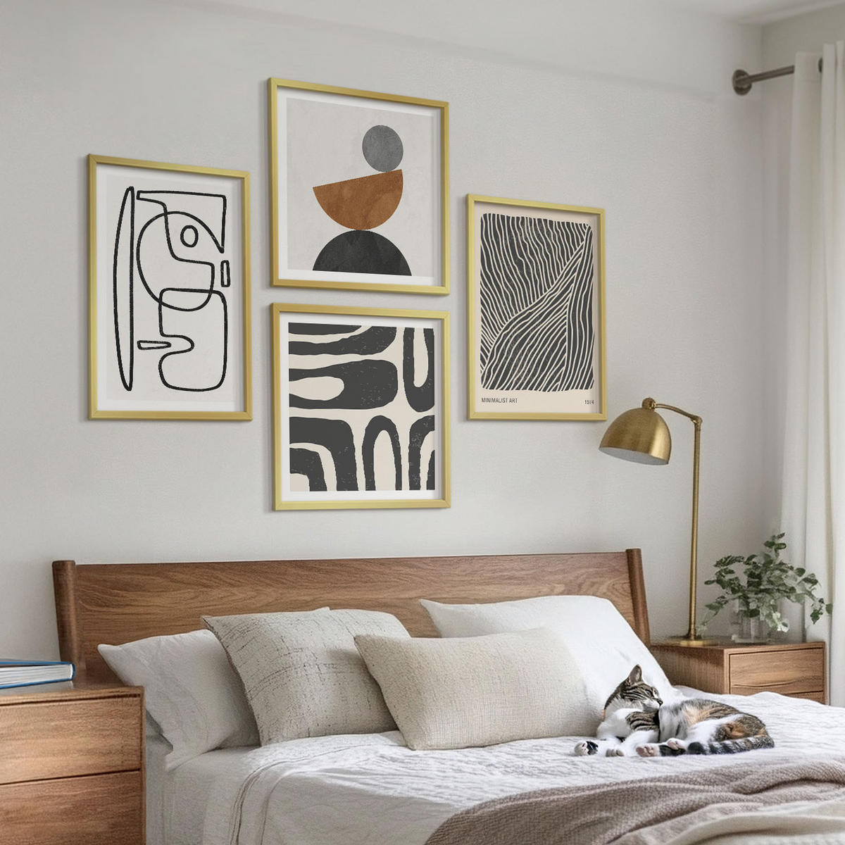 WANDBILDER 4er Set - 50x50 cm & 40x60 cm Goldrahmen - Abstrakte Muster mit Linien - Goldfarben, Kunststoff (50/50cm) - ArtPrintCave