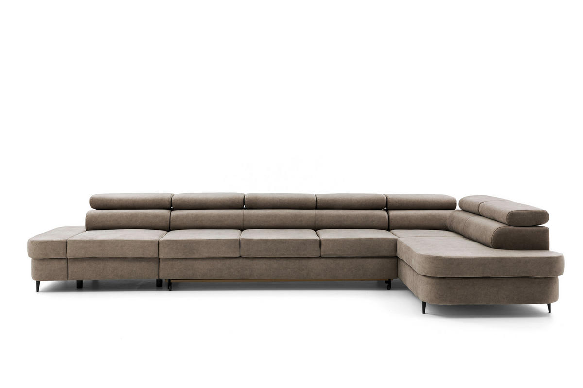 ECKSOFA PRIAM XXL L-Form Rechts mit Schlaffunktion 125x265 Velours Beige - Beige/Schwarz, Holz/Textil (203/420cm) - Muffo