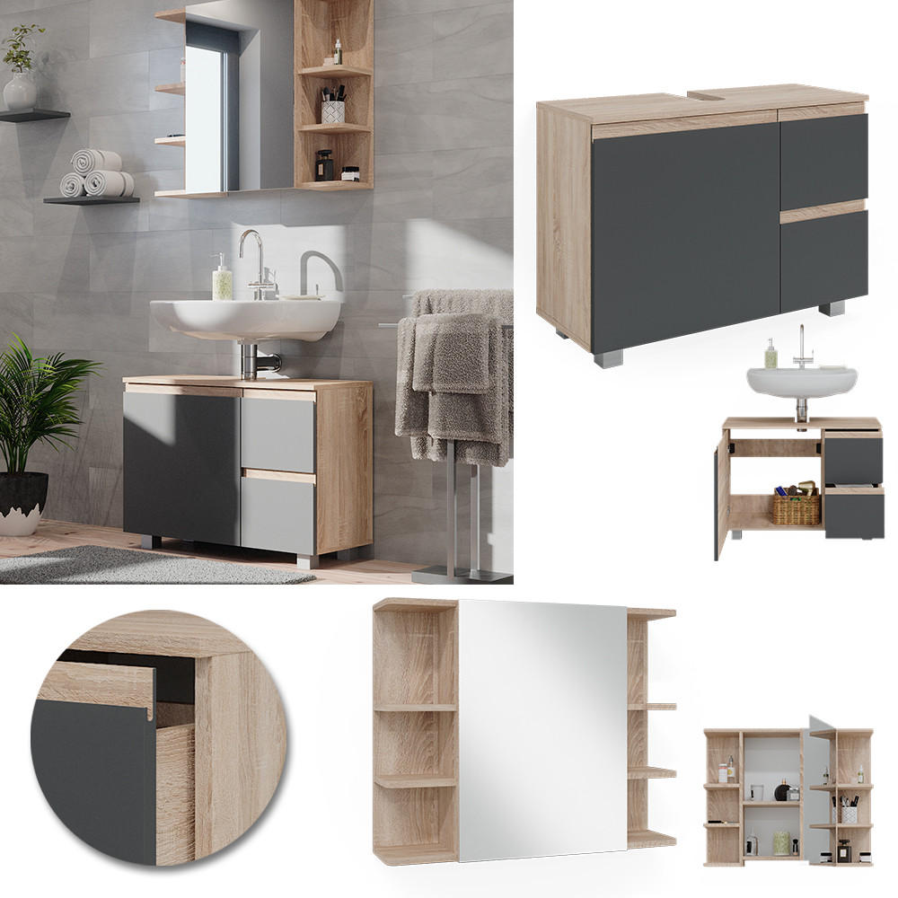 BADMÖBEL-SET J-Shape Sonoma 2 Teile - Anthrazit/Sonoma Eiche, Holzwerkstoff (80/60/33cm) - Vicco