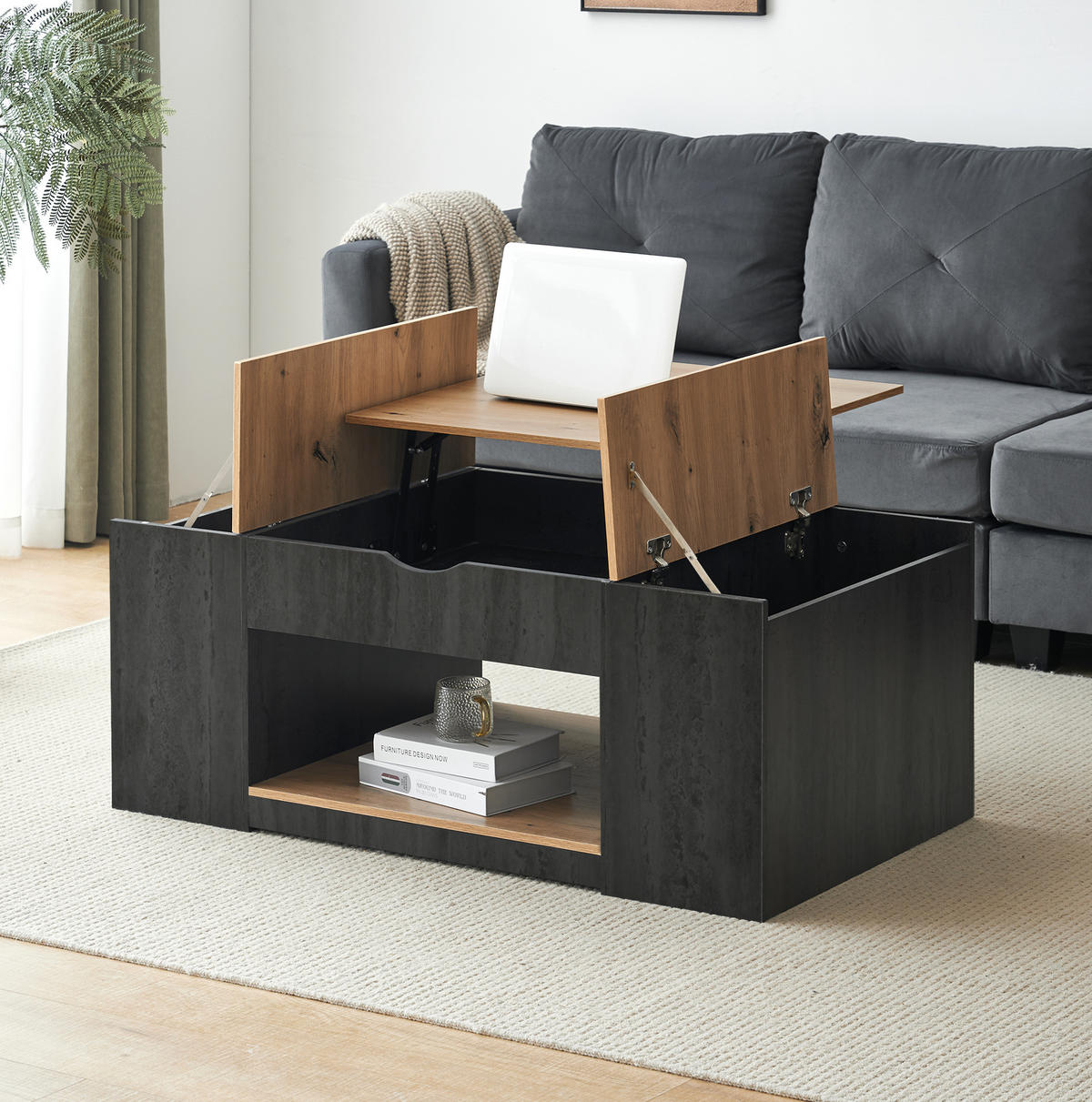KONFERENČNÍ stolek z MDF 109,5x43x59,7 cm šedý/hnědý s výškovým nastavením a úložným prostorem - šedá, kompozitní dřevo (109.5/59.7/57.4cm) - Modfu