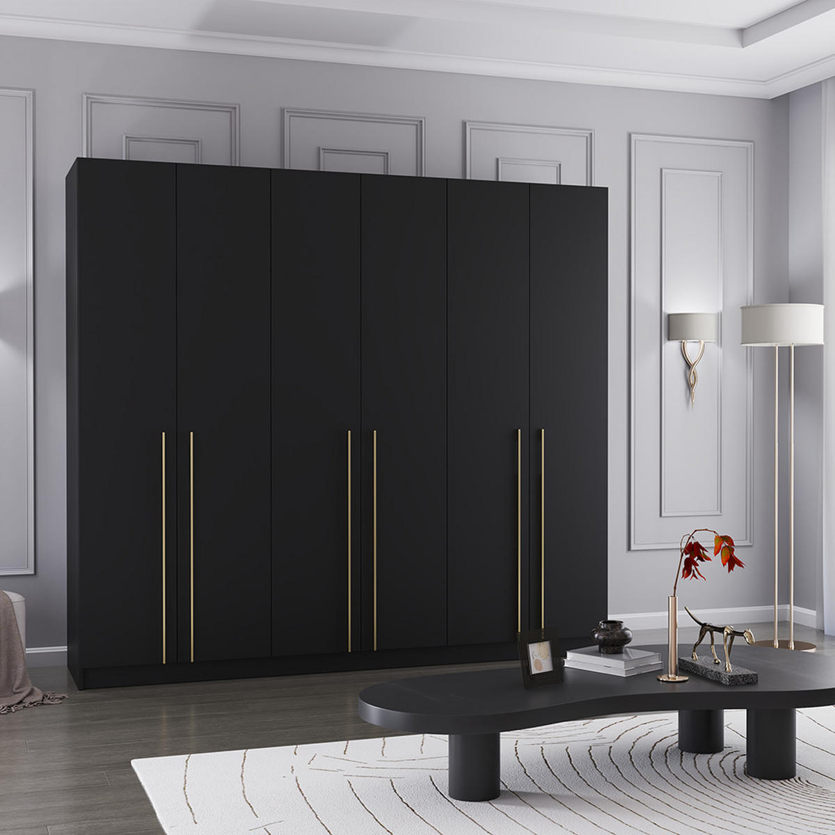 DREHTÜRENSCHRANK ROSA 6D 230/210/57 cm 6-türig Schwarz - Goldfarben/Schwarz, Holzwerkstoff/Metall (230/57/210cm) - imoebel24