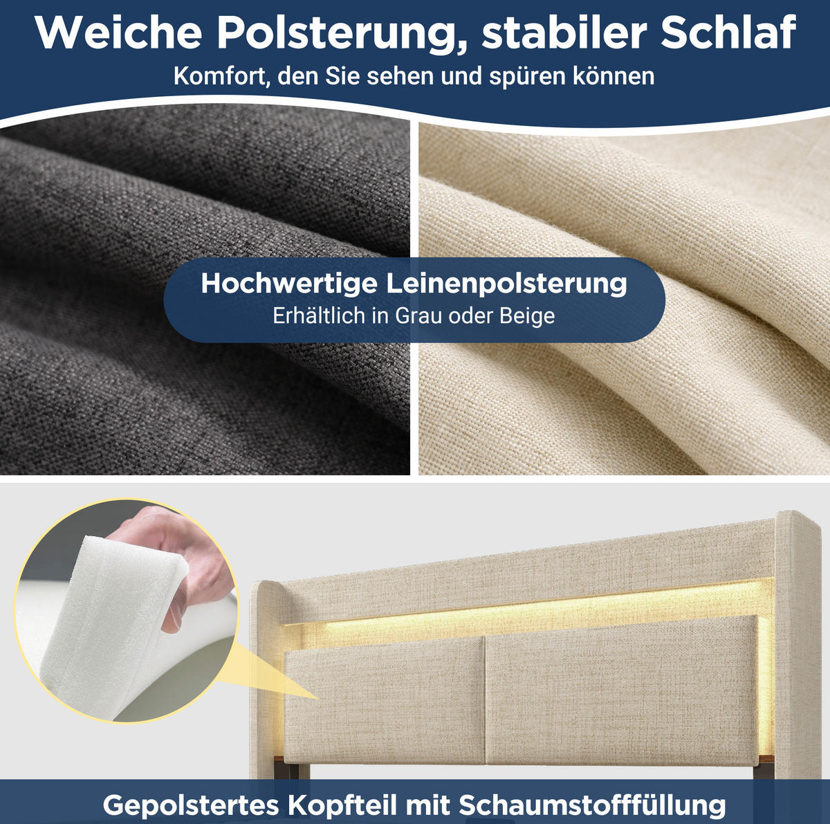 POLSTERBETT 140/200 cm Beige aus Leinen mit Stauraum, LED und Matratze - Beige, Textil (140/200cm) - Flora Grace
