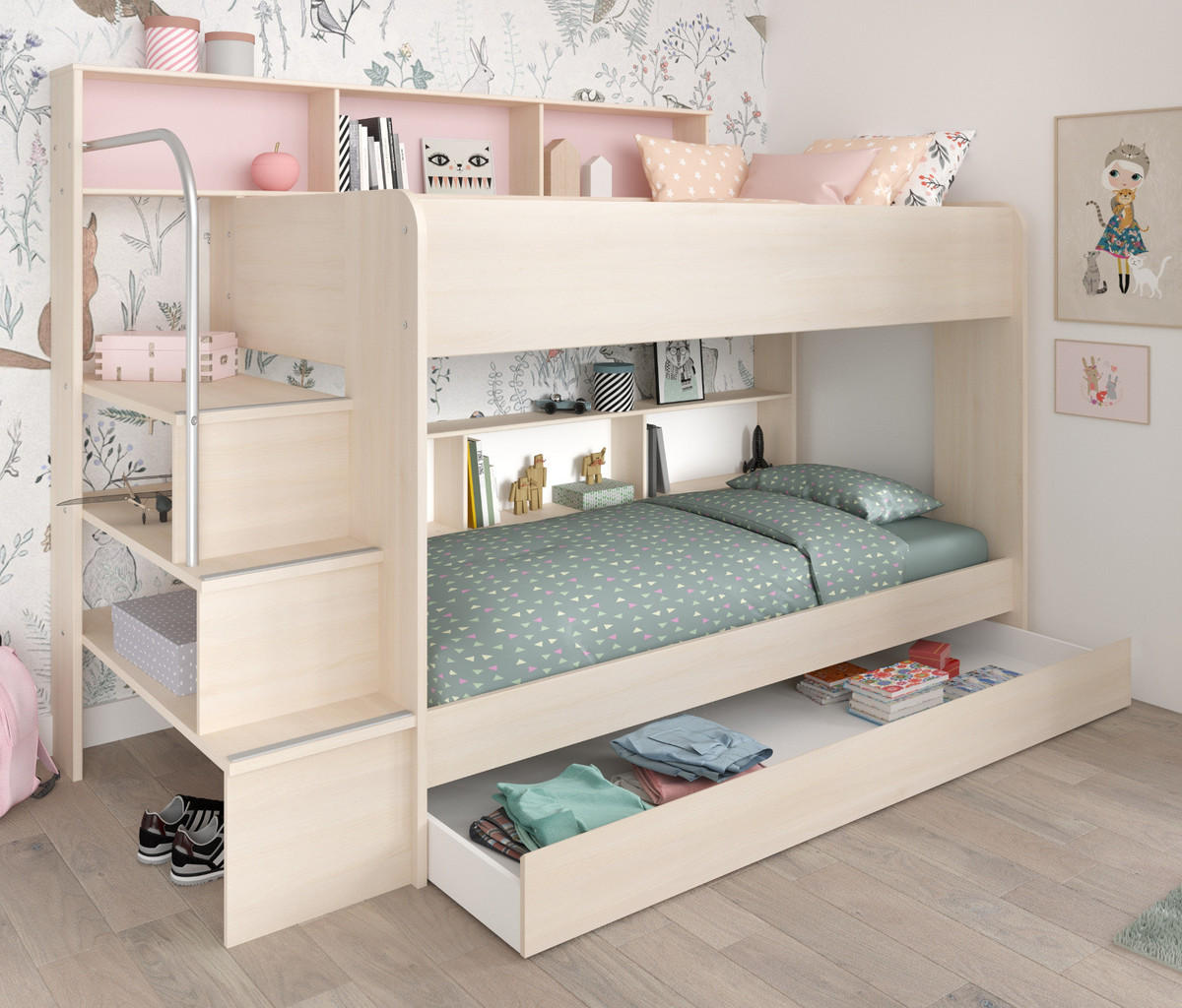 KINDERZIMMER Set 4-tlg. mit Etagenbett und 2 x Schreibtisch - Silberfarben/Akaziefarben, Holzwerkstoff/Kunststoff (245/171/114cm) - Parisot Meuble