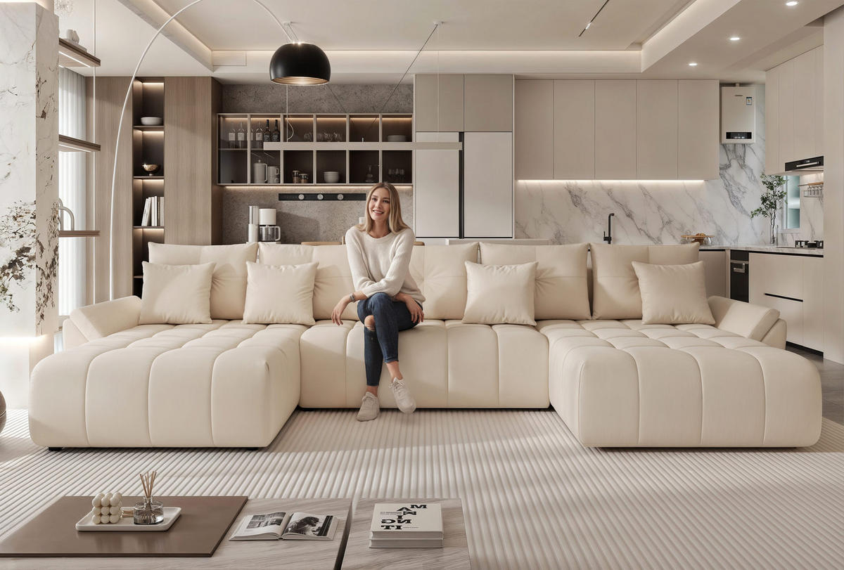 WOHNLANDSCHAFT DIEGO mit Schlaffunktion und Bettkasten Creme - Creme, Holzwerkstoff/Kunststoff (382/91/190cm) - Idohome