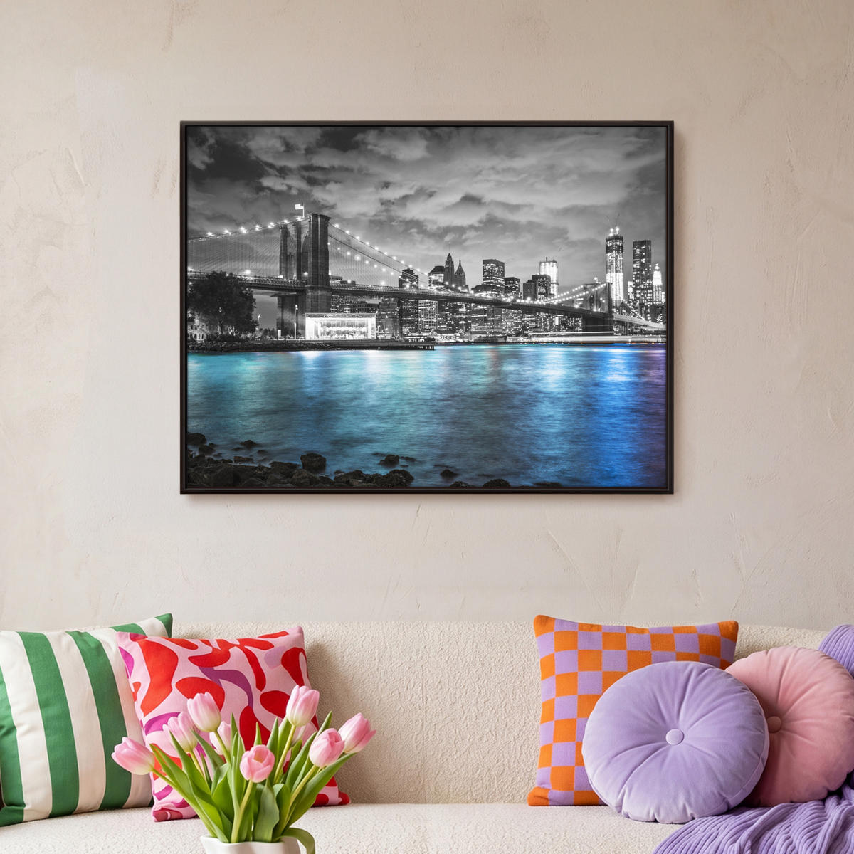 LEINWAND Bilder mit Rahmen - New York - Skyline - Stadt - Blau - 70x50 - Blaugrau, Textil (70/50cm) - MuchoWow