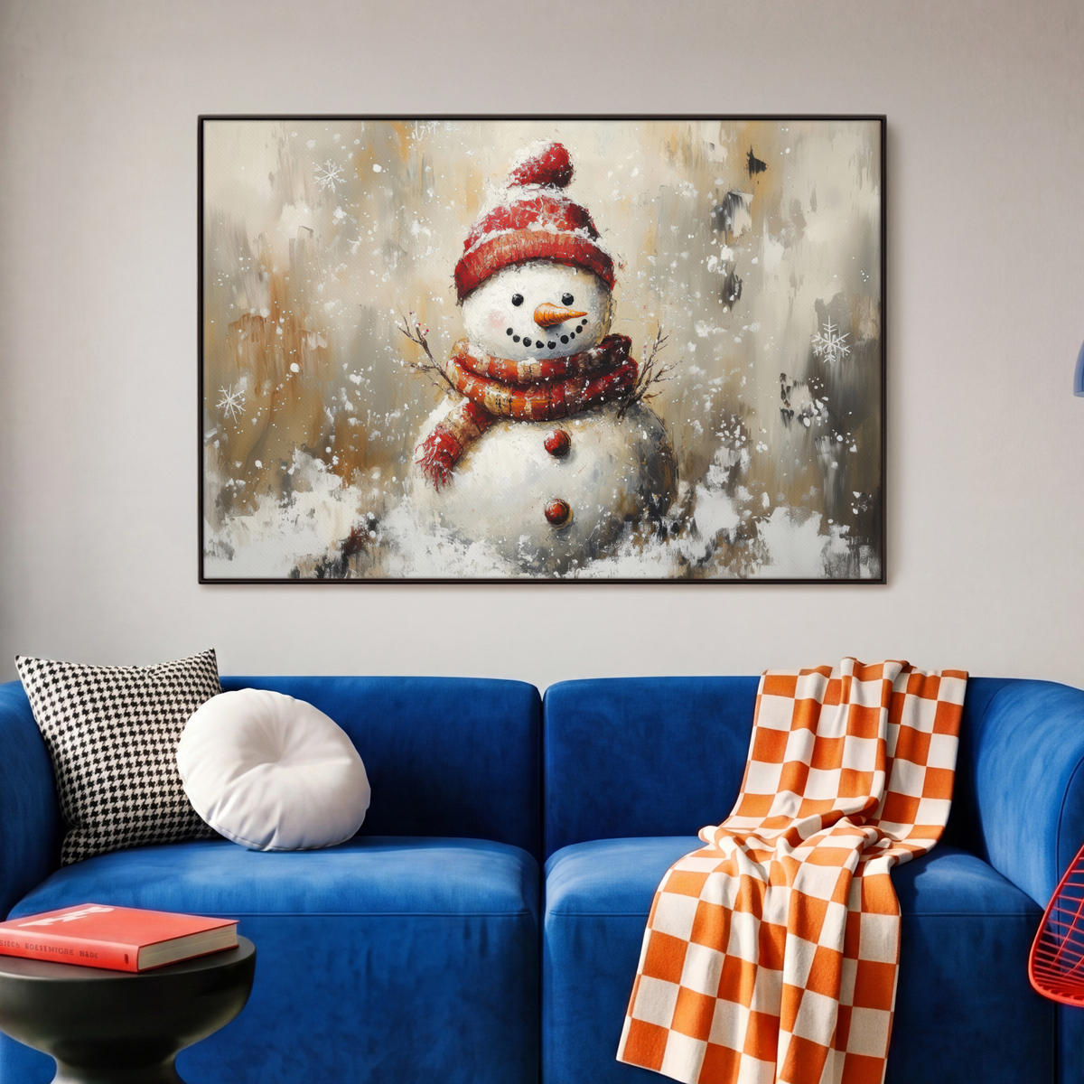 LEINWAND Bilder mit Rahmen - Schneemann - Winter - Schnee - Beige - 90x60 - Weiß, Textil (90/60cm) - MuchoWow