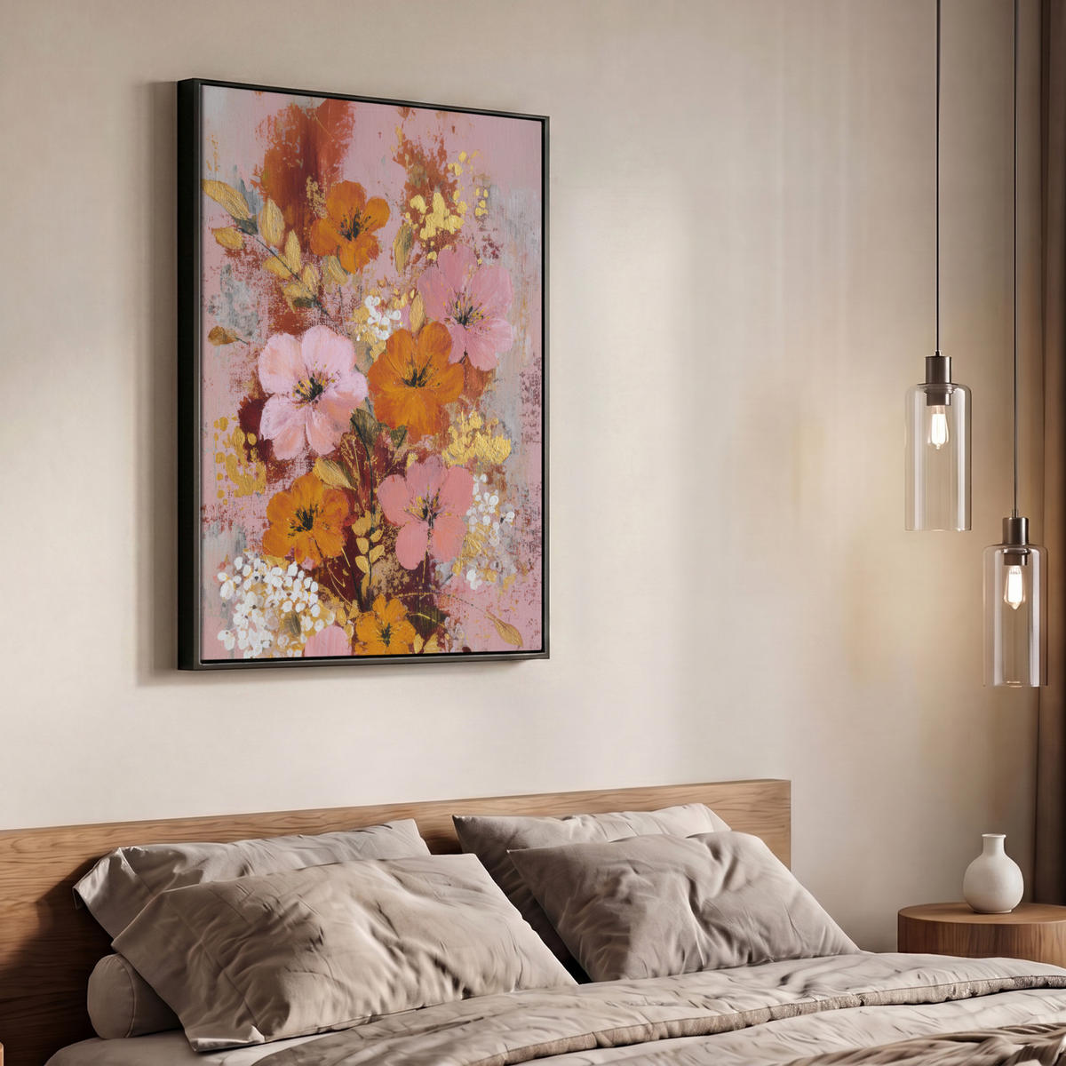LEINWAND Bilder mit Rahmen - Malerei - Blumen - Rustikal - Rosa - 70x100 - Altrosa, Textil (70/100cm) - MuchoWow
