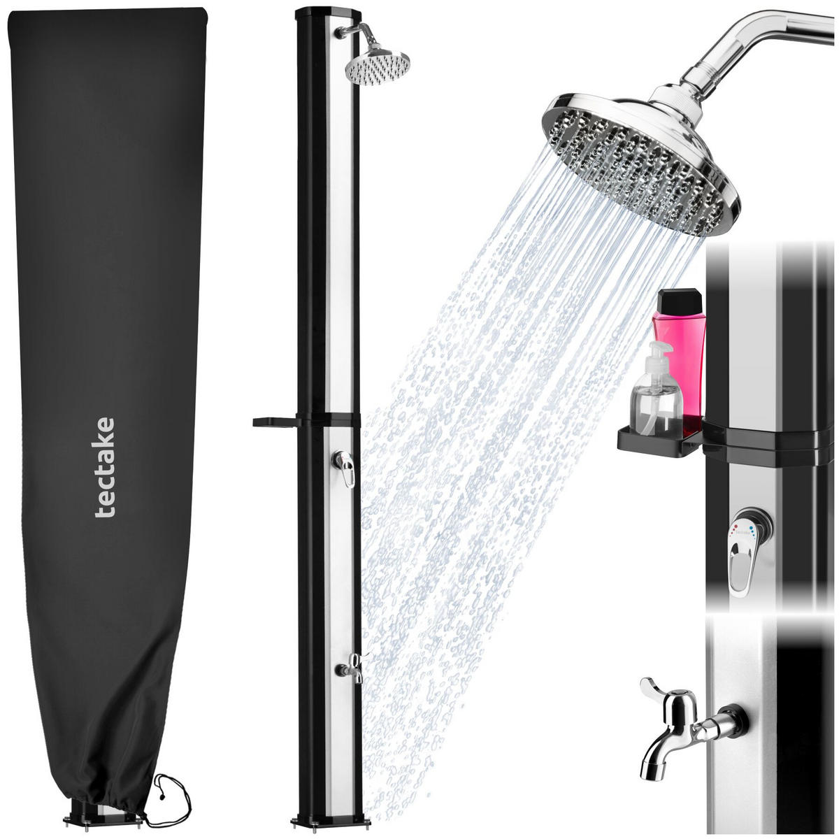 SOLARDUSCHE Ofanto, extra Wasserhahn, inklusive Schutzhülle, schwarz/silber - Silberfarben/Schwarz, Kunststoff (18/217/44.5cm) - tectake
