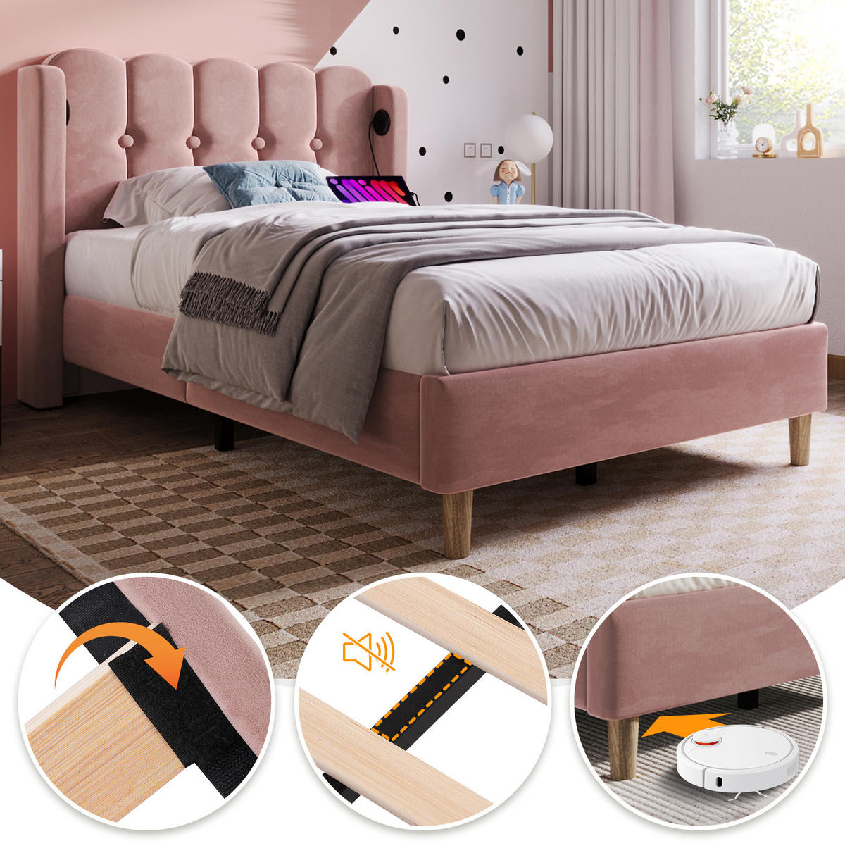 POLSTERBETT 90/200 cm Rosa aus Samt mit USB- und Typ-C-Ladefunktion - Rosa, Textil (90/200cm) - OKMYHOME
